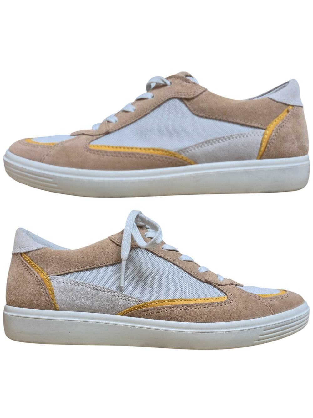 Ecco White Tan Multi Color Cashmere Soft Classic Retro Sneakers Shoes 9 - 9 1/2